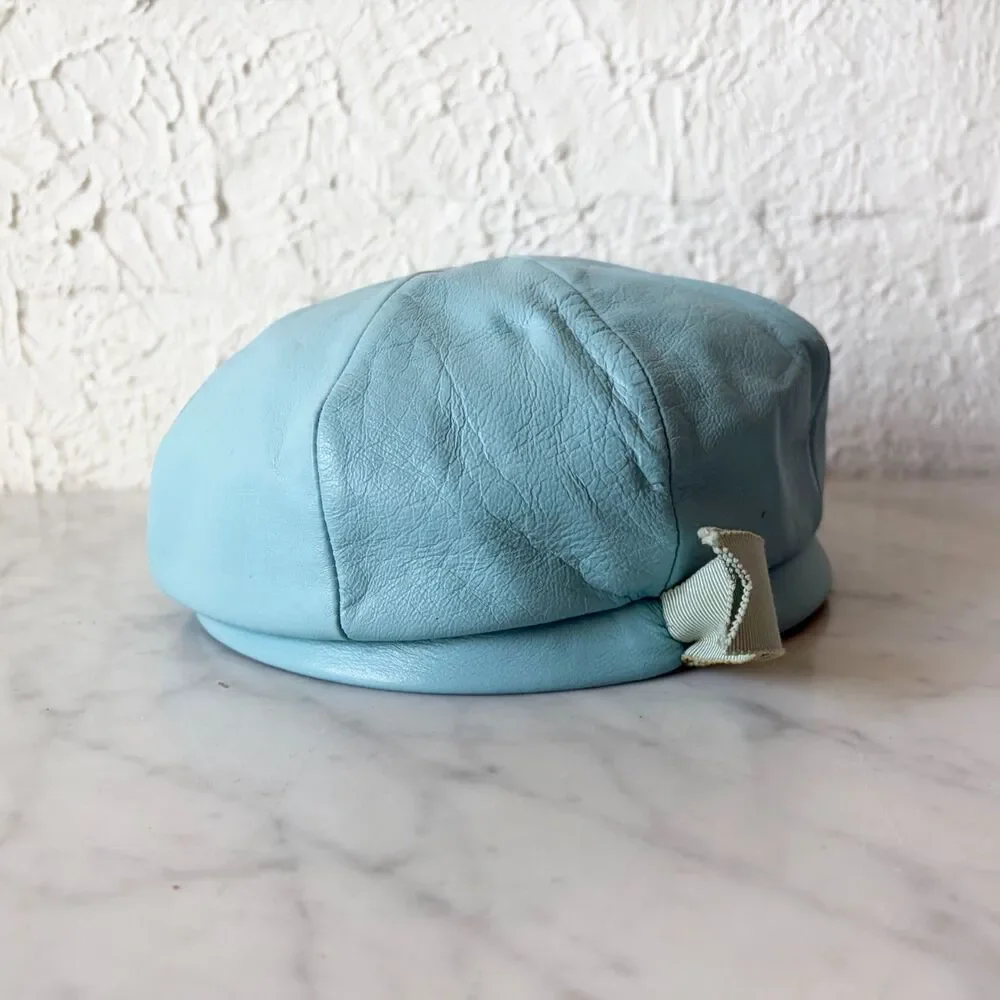Vintage Blue Leather Newsboy Cap Beret Mod Hat Sanlea Hats New York